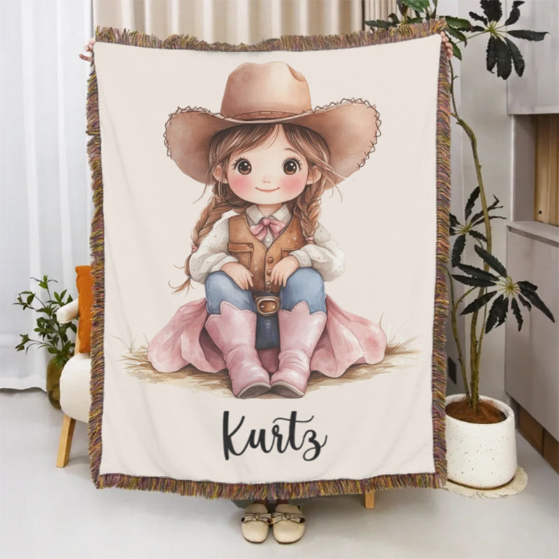 Personalized Cartoon Cowboy Tassel Blanket with Name