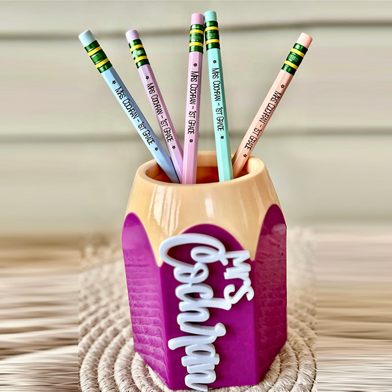 Personalized Teacher Pencil Cup & Engraved Pencils – Custom Desk Organizer, Teacher Gift