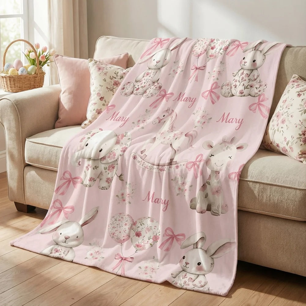 Personalized Floral Bunny Elephant Ponny Pink Soft Throw Blanket