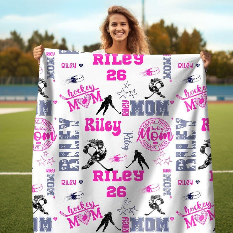 Personalized Proud Mom Ice Hockey Girl Blanket, Hockey Mom Soft Throw