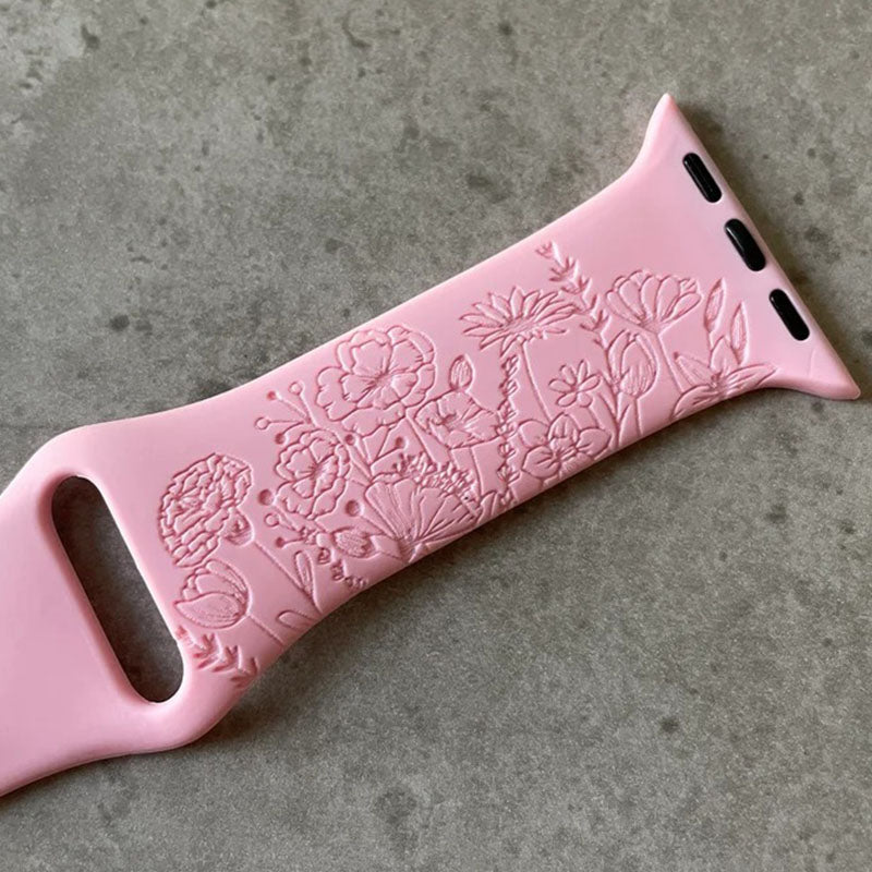 Apple Watch Silicone Sports Band / Strap - Engraved Wild Flowers Design