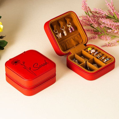 Birth Flower Jewelry Travel Case, Birth Month Flower Gift, Personalized Birthday Gift, Leather Jewelry Travel Case