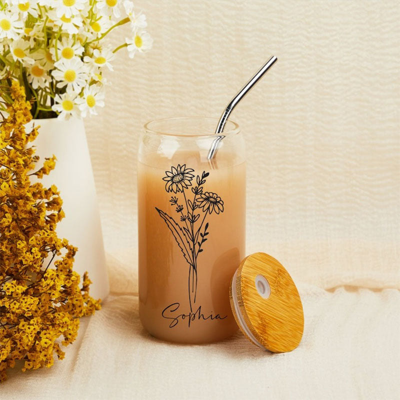 Custom Name Cup With Birth Flower,Birth Month Iced Coffee Cup