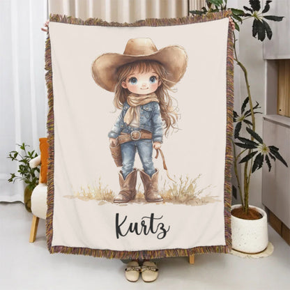 Personalized Cartoon Cowboy Tassel Blanket with Name