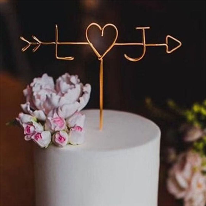 Arrow Initials Cake Topper Rustic Wire Personalized Custom Chic Name Wedding Heart Reusable Metal Industrial Copper Gold Elegant Simple