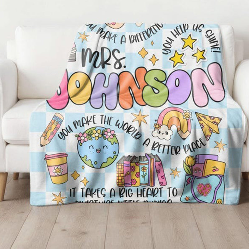 Personalized Teacher Blanket, Retro Groovy Checkerboard Sherpa Blanket