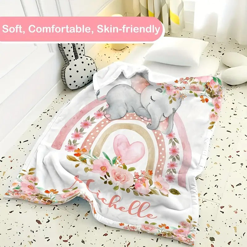 Custom Name Floral Pink Elephant Blanket