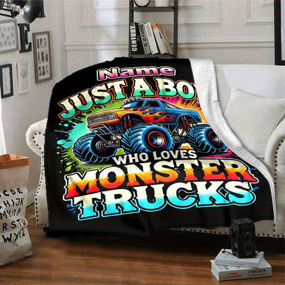 Personalized Monster Truck Throw Blanket - Custom Name