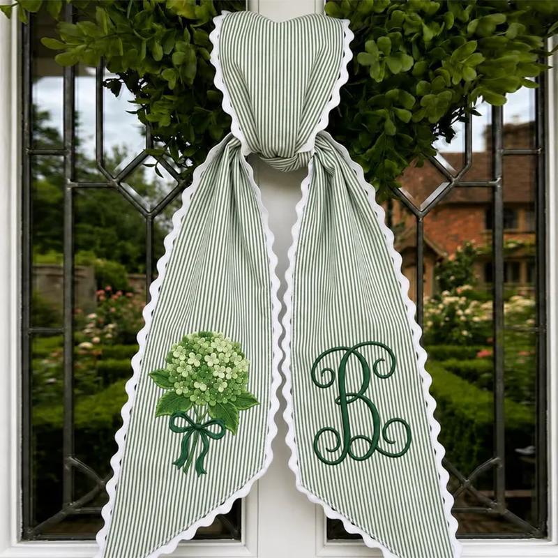 Hydrangea Wreath Sash, Door Decor, Ticking Stripe Front Porch Wreath Bow