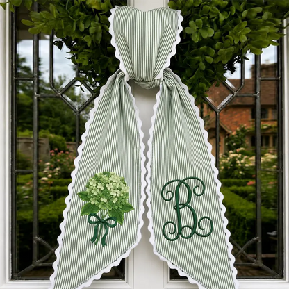 Hydrangea Wreath Sash, Door Decor, Ticking Stripe Front Porch Wreath Bow