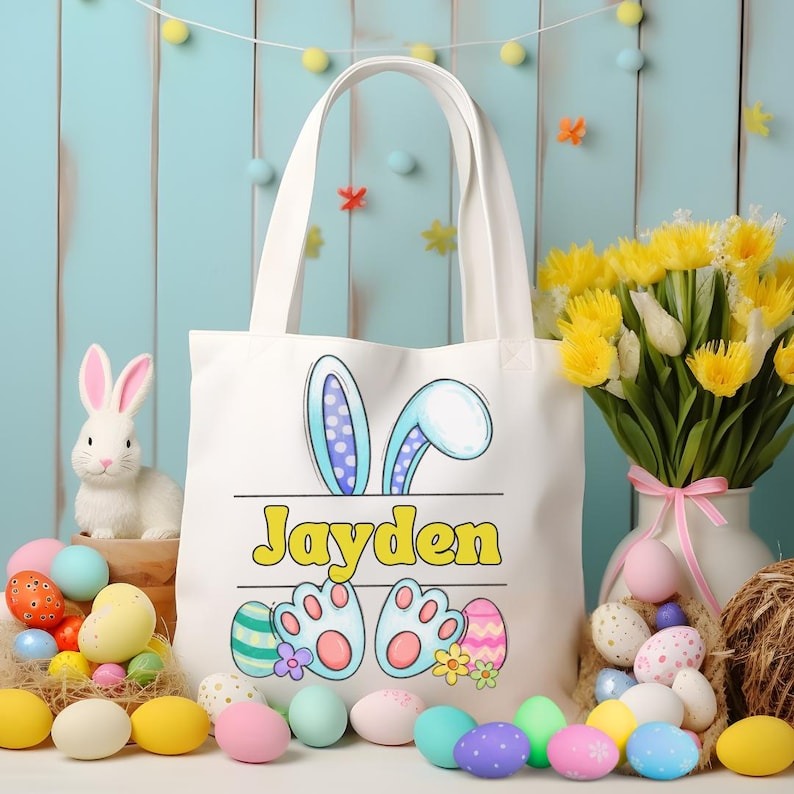 Personalized Easter Bunny Canvas Tote Bag, Custom Name Easter Bag, Bunny Ears Easter Bunny