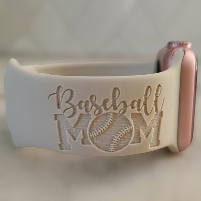 Personalized Watch Band for Apple, Samsung BASEBALL MOM Engraved Silicone Sports Band