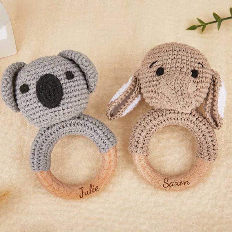 Personalized Crochet Animal Baby Rattle: Engraved Zelkova Wood