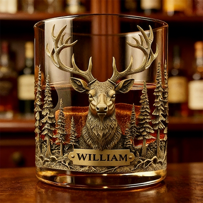 Deer Hunter Whiskey Glass Golden, Personalized Whiskey Glass