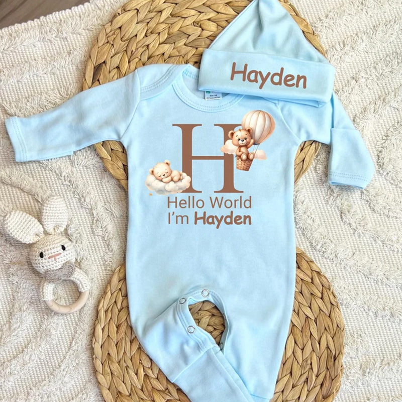 Personalized baby coming home outfit, romper hat set,