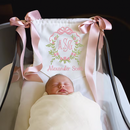 Personalized Baby Banner, Floral Crest Welcome Banner with bows