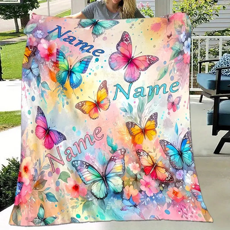 Personalized Butterfly & Floral Flannel Blanket