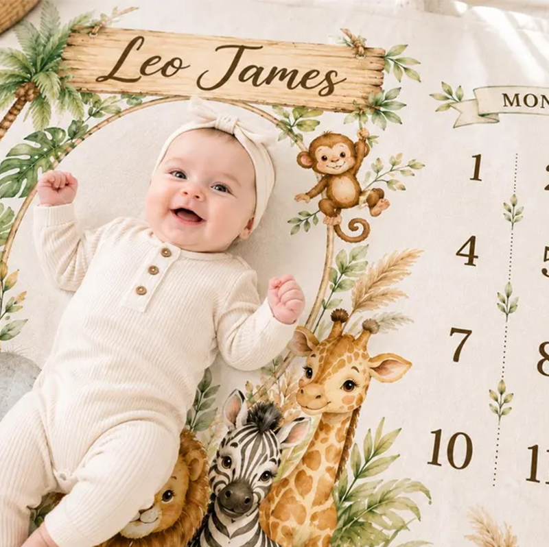 Personalized Safari Baby Milestone Blanket