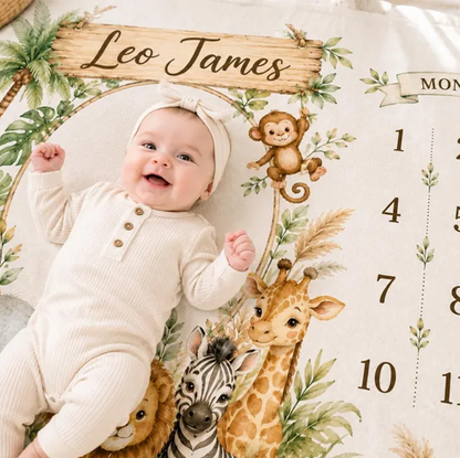 Personalized Safari Baby Milestone Blanket