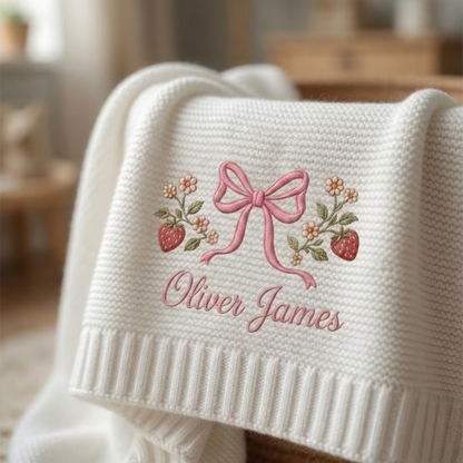 Embroidered Custom Name Strawberry Blanket, Personalized Baby Blanket