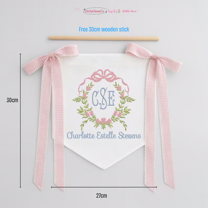 Personalized Baby Banner, Floral Crest Welcome Banner with bows