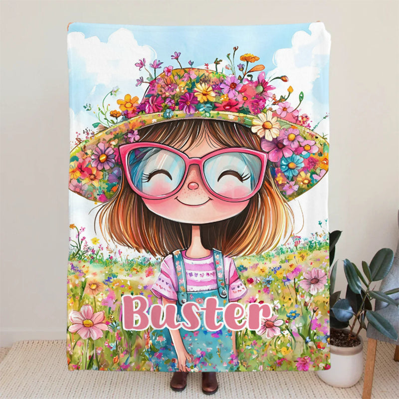 Personalized Cartoon Quirky Flower Girl Throw Blanket with Name