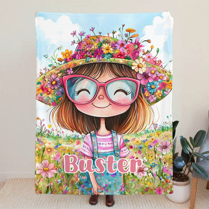 Personalized Cartoon Quirky Flower Girl Throw Blanket with Name