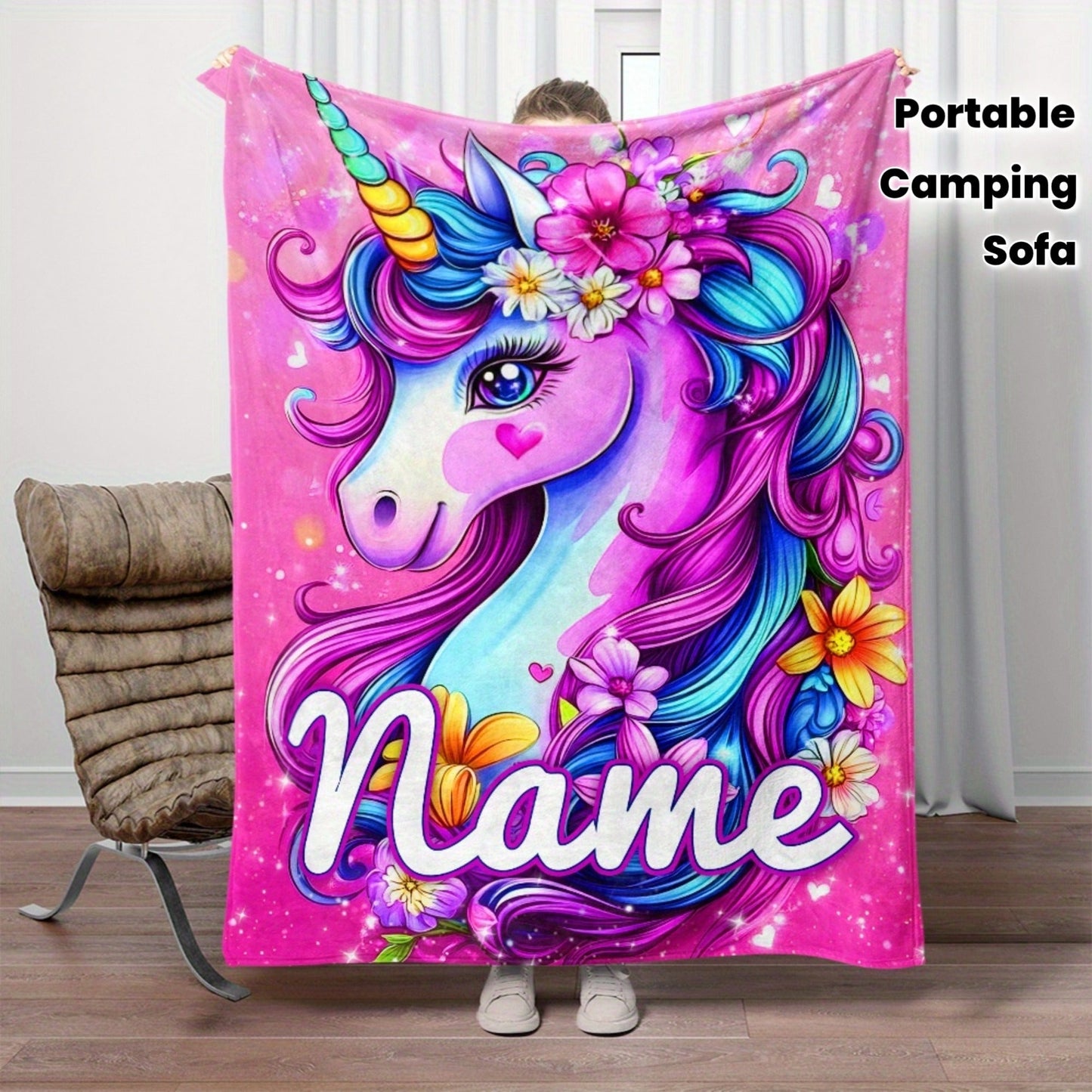 Personalized Name Lovely Dazzling Flower Unicorn Print Portable Blanket