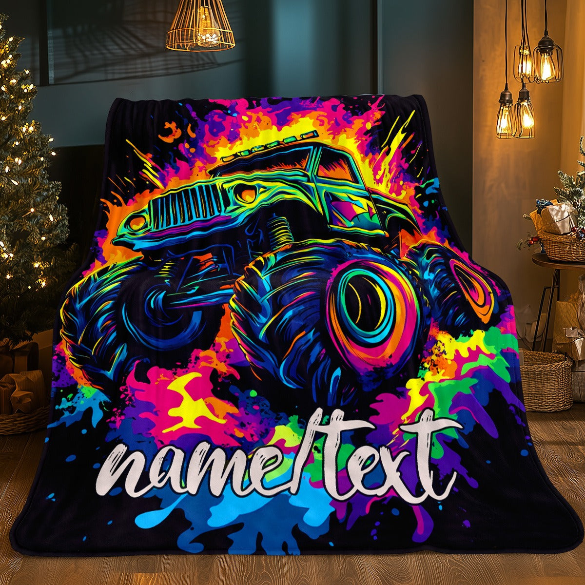 Glam Style Custom Name Monster Truck Flannel Throw Blanket