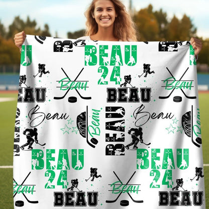 Ice Hockey Boy Personalized Blanket, Custom Name Hockey Throw