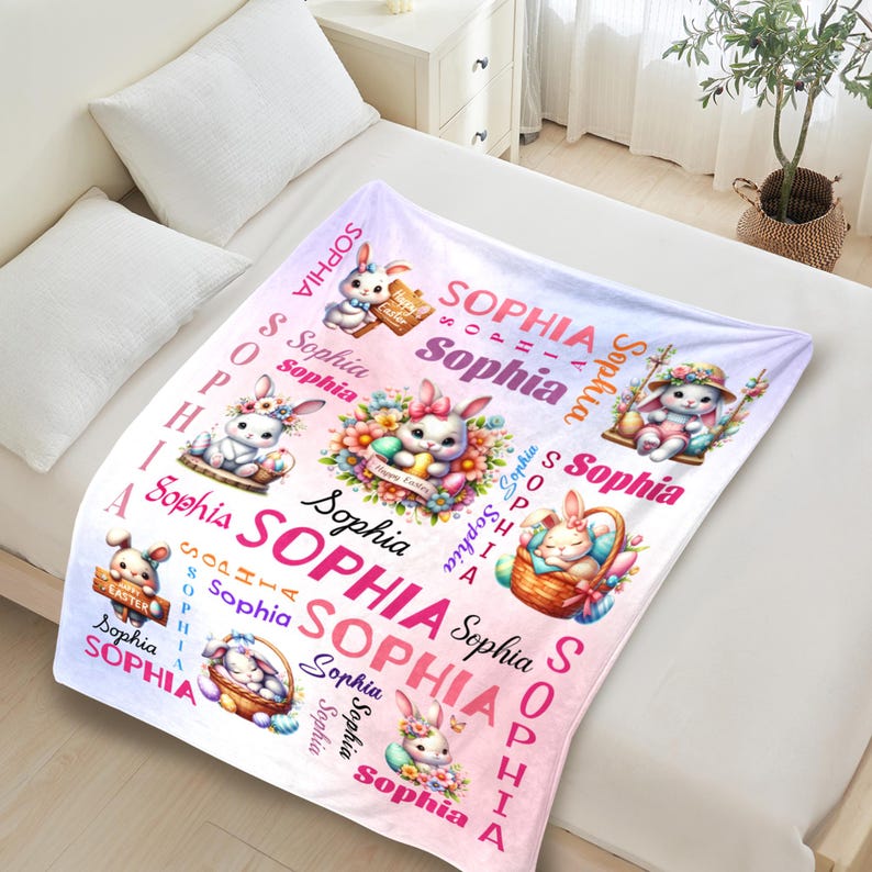 Custom Kids Name Blanket, Personalized Baby Easter Bunny Blanket