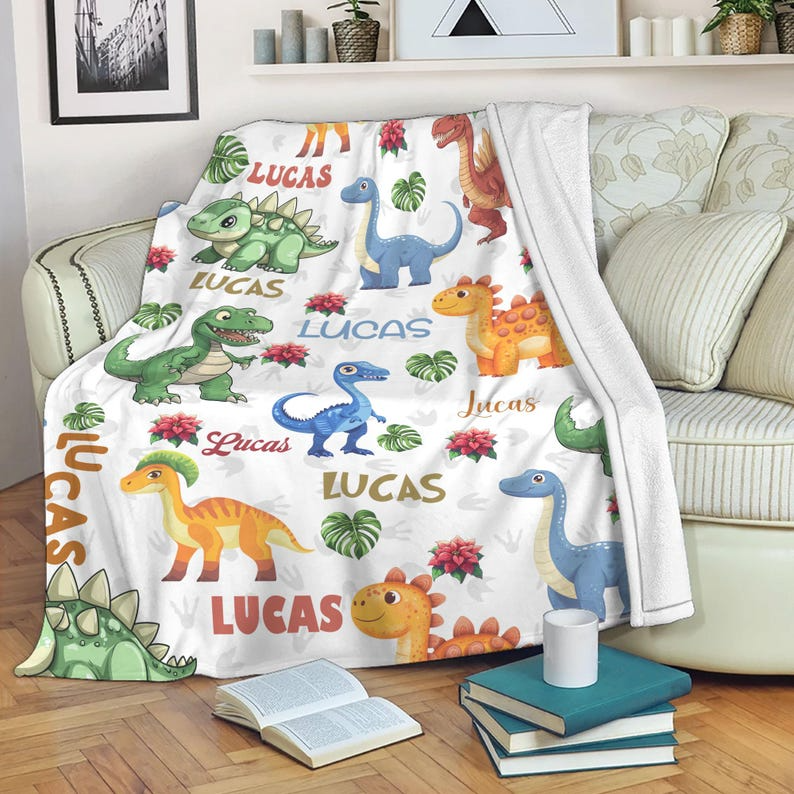 Personalized Dinosaur Blanket, Custom Name Dinosaur Blanket