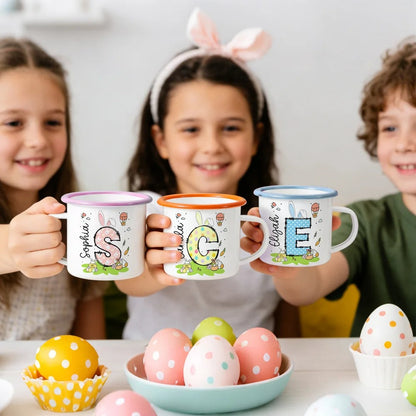 Personalized Colored Rabbit Easter Egg Initial 12 oz Enamel Mug