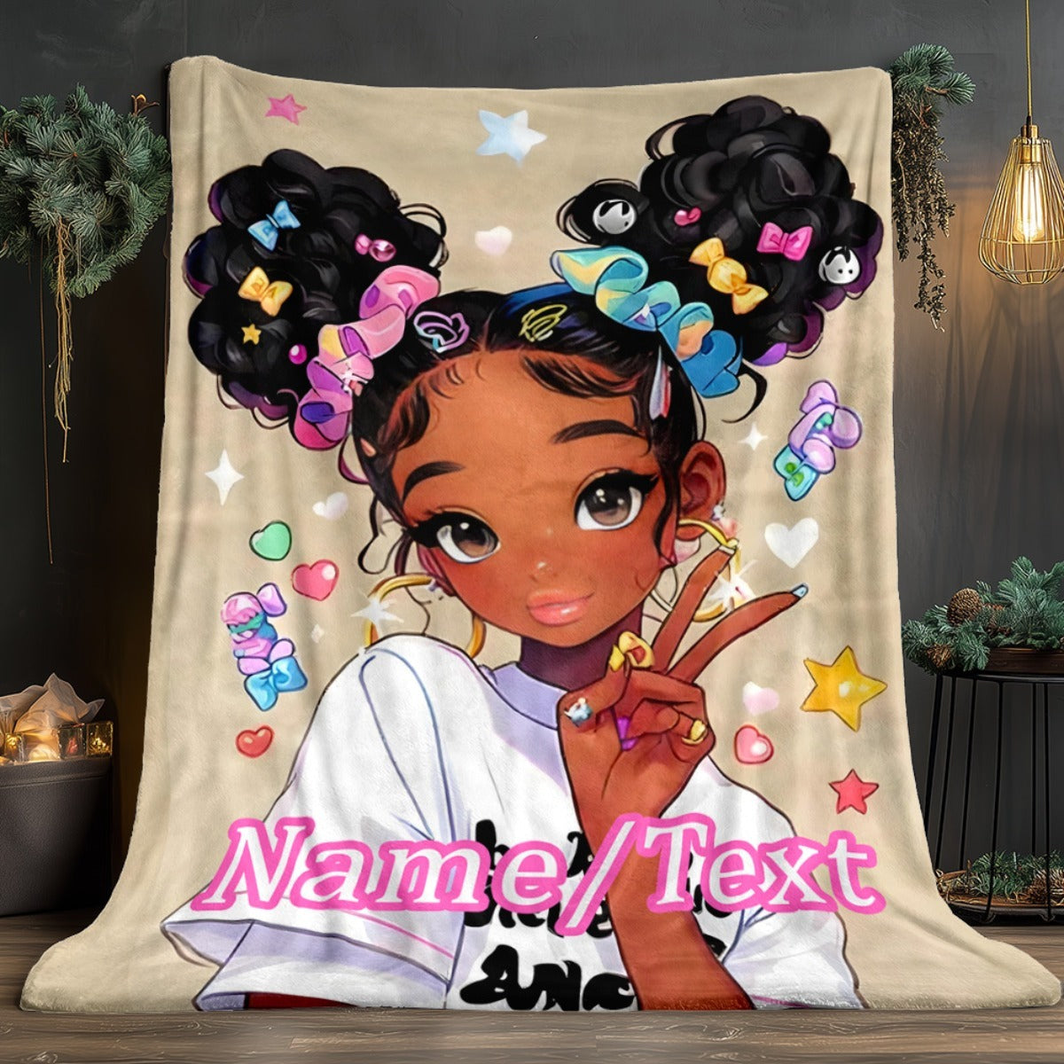 Personalized Custom Name Anime Girl Peace Sign & Anime Characters Fleece Blanket