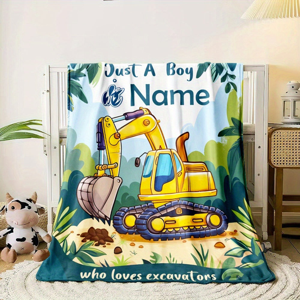Personalized Cartoon Excavator Flannel Throw Blanket