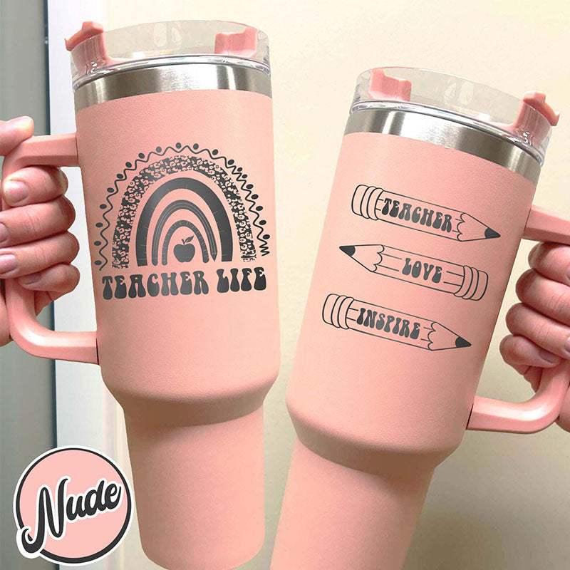 40 oz Rainbow Teacher Tumbler | Customized "Teach Love Inspire" | Insulated Educational Gift