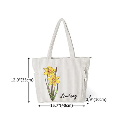 Personalized Birth Flower Corduroy Large Capacity Tote Bag