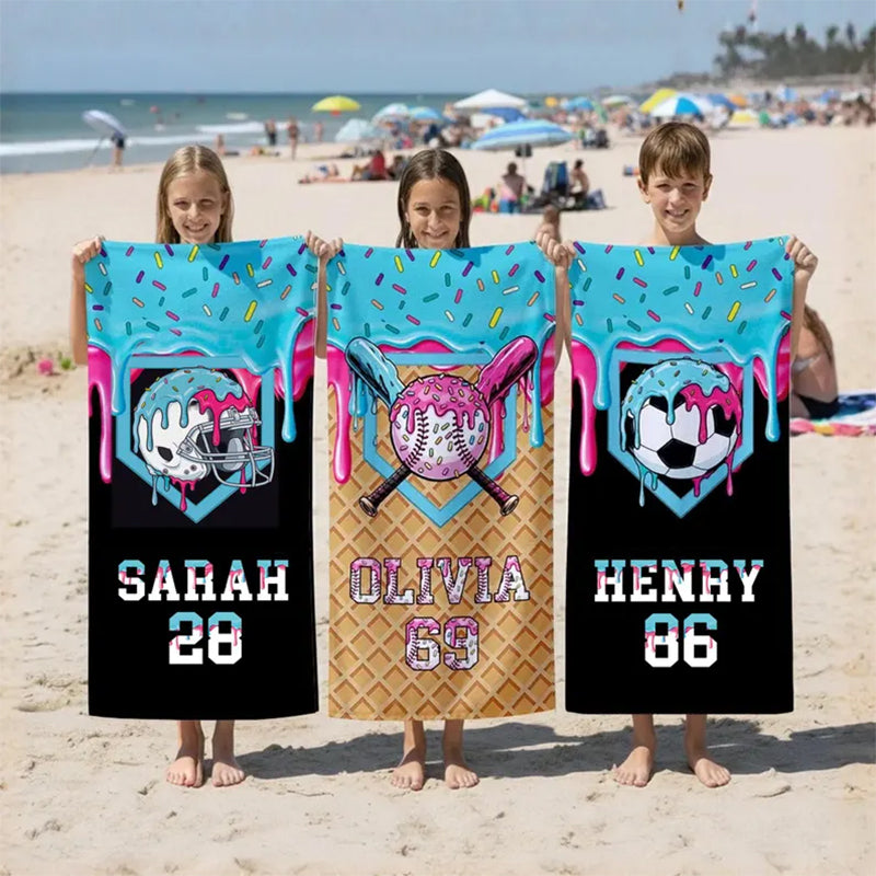 Personalized Ice Cream Drip Baseball Beach Towel For Boys