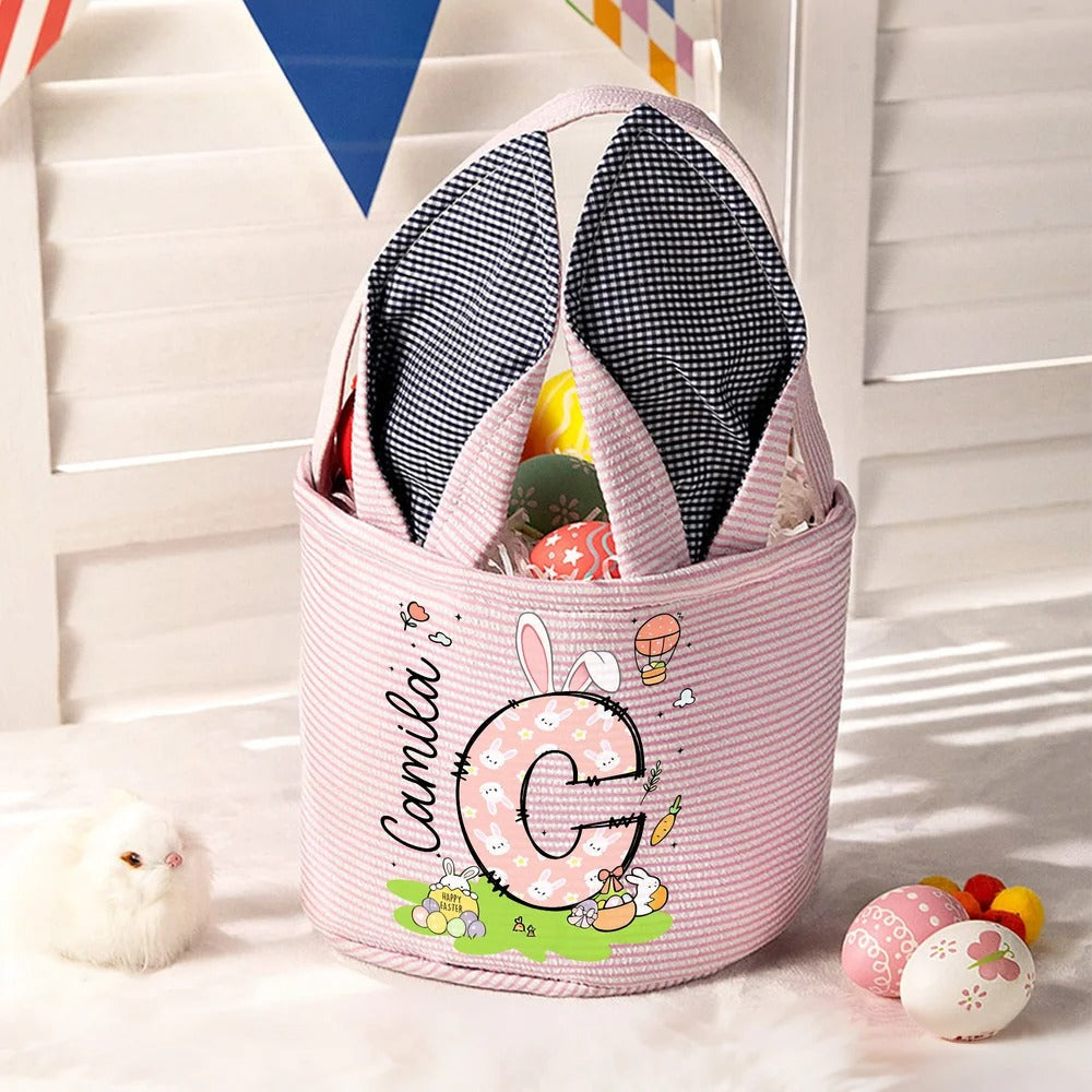Personalized Cute Bunny Ears Polka Dot Initial Easter Basket