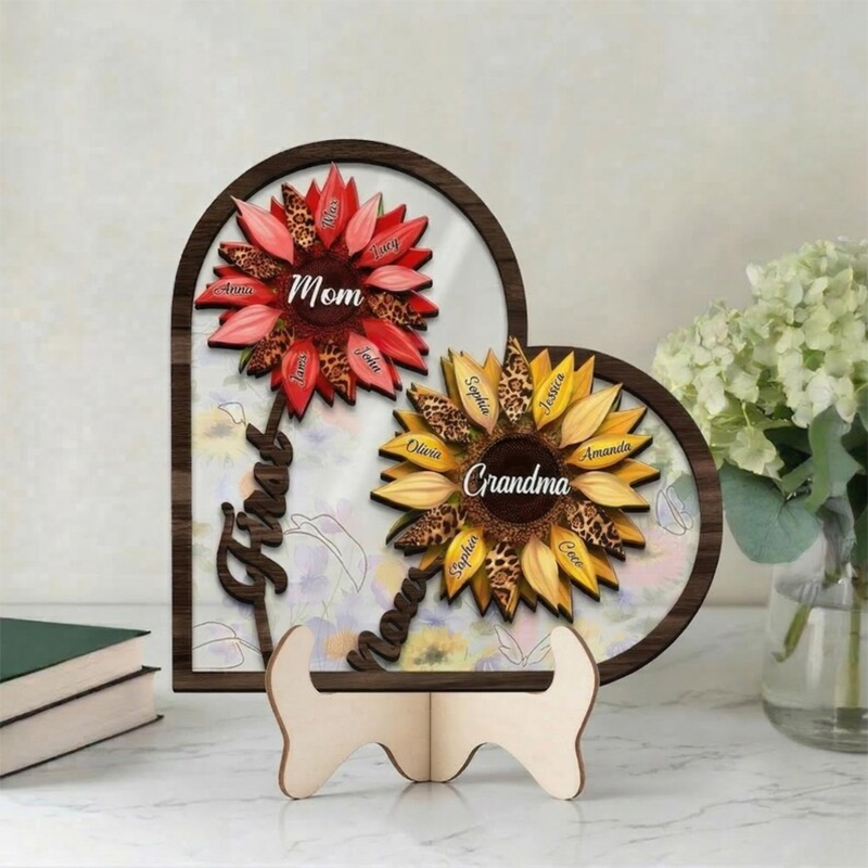 Custom First Mom Now Grandma Sign, Personalized Kid's Name SunFlower Wooden Art