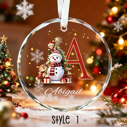Custom Monogram Name Glass Ornament, Elf Snowman Christmas Ornaments