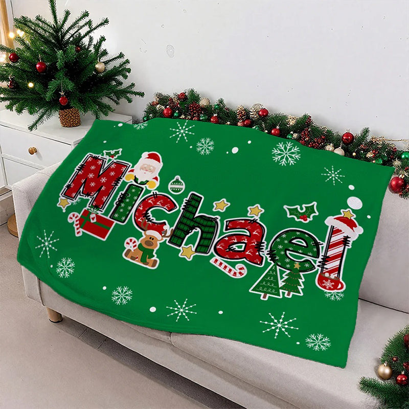 Personalized Christmas Reindeer Santa Claus Name Blanket