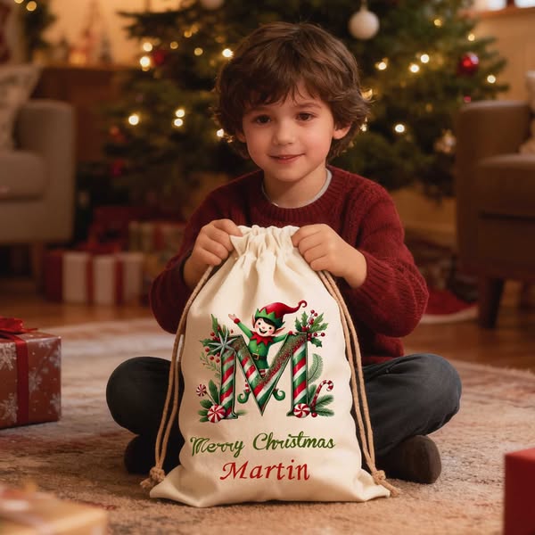 Custom Name Elf & Candy Cane Alphabet Christmas Gift Bag