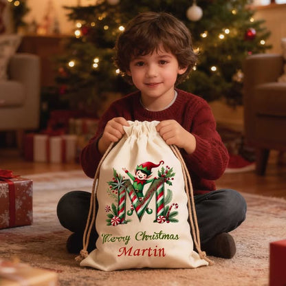 Custom Name Elf & Candy Cane Alphabet Christmas Gift Bag
