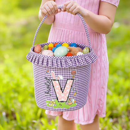 Personalized Cute Bunny Initial Flower Plaid Easter Basket with Name