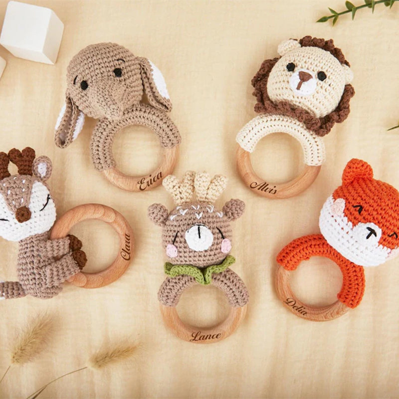 Personalized Crochet Animal Baby Rattle: Engraved Zelkova Wood