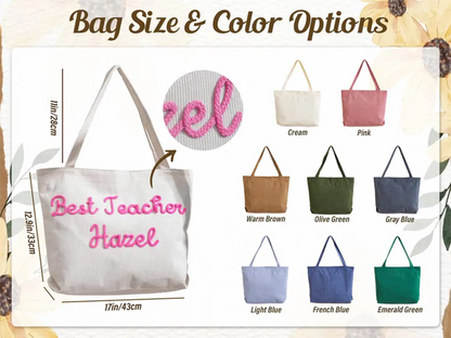 Personalized Corduroy Teacher Tote Bag,Hand Crochet Name Zipper bag