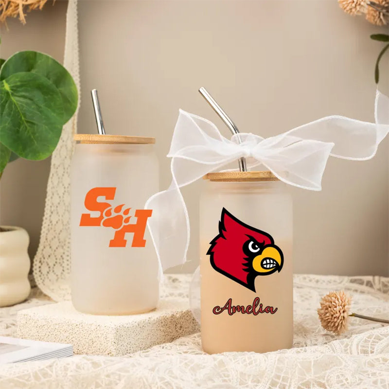 Custom University Logo 16oz Glass, College Iced Coffee Glass Graduation Gift