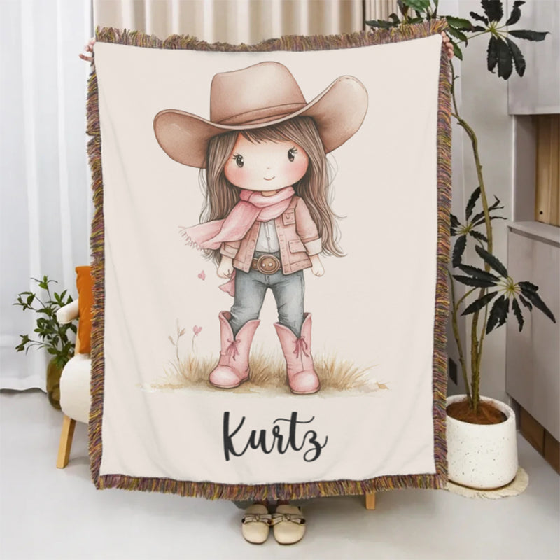 Personalized Cartoon Cowboy Tassel Blanket with Name