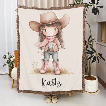 Personalized Cartoon Cowboy Tassel Blanket with Name